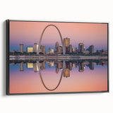 Black and white framed canvas of St. Louis skyline, ideal for bedroom wall art, featuring a vintage poster style.