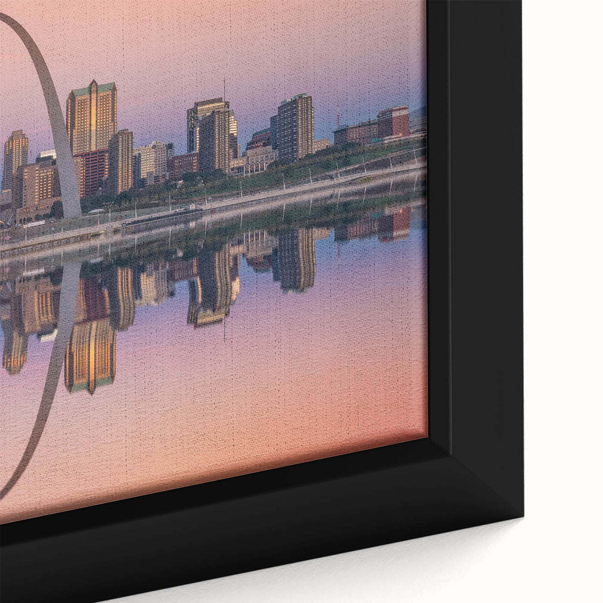 Extra large framed canvas of the St. Louis skyline in black textured art with colorful accents, ideal for living room decor.