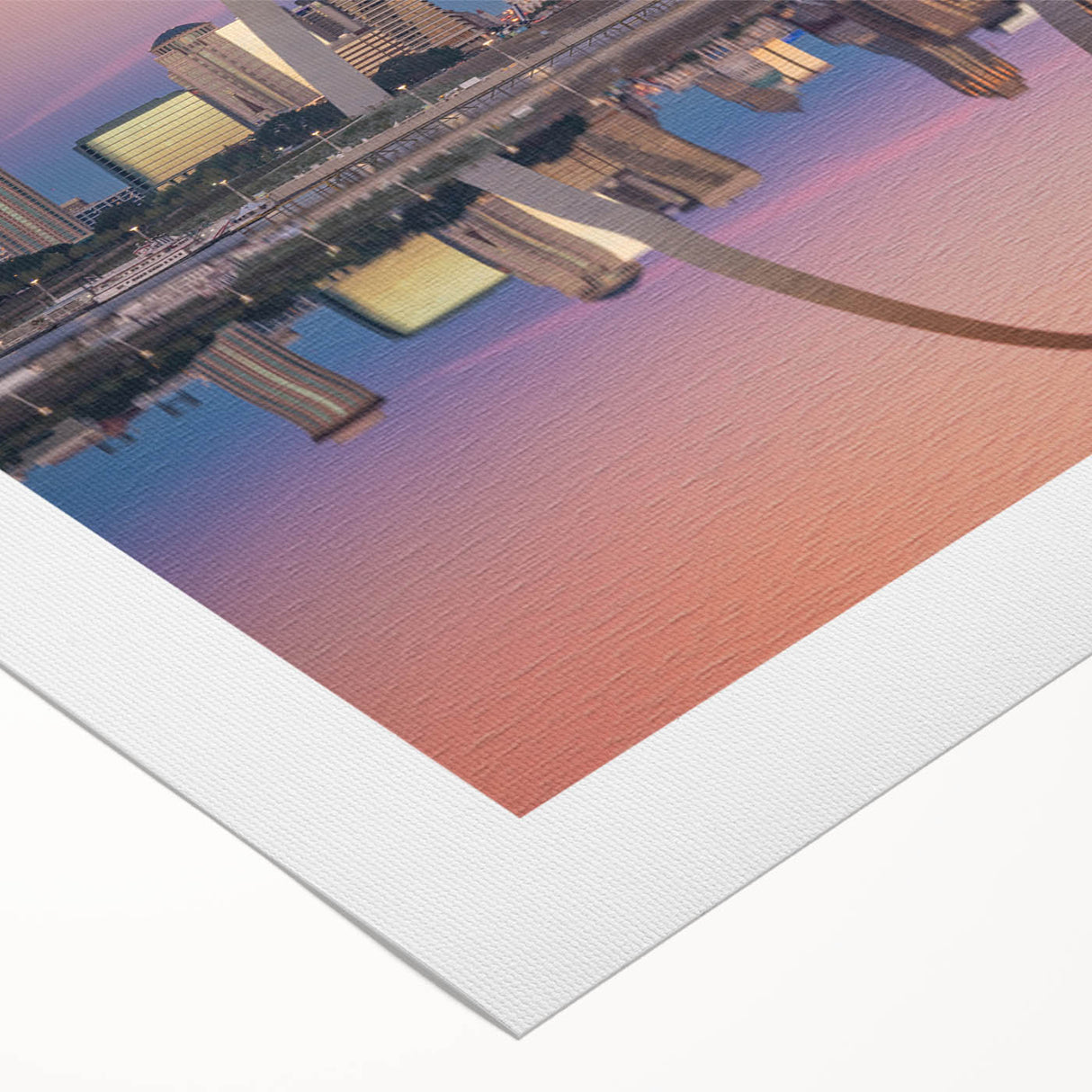 Art Deco poster of St. Louis skyline in muted blue and gray tones on rolled canvas, suitable for dining room wall art.