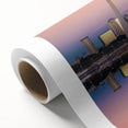 Art deco poster of St. Louis skyline in pastel shades on rolled canvas, ideal for nursery wall art.