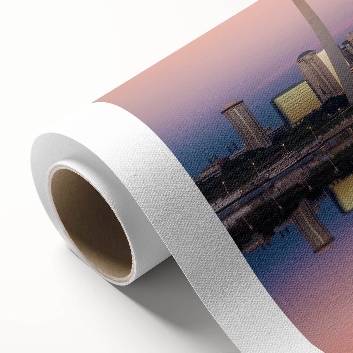 Art deco poster of St. Louis skyline in pastel shades on rolled canvas, ideal for nursery wall art.