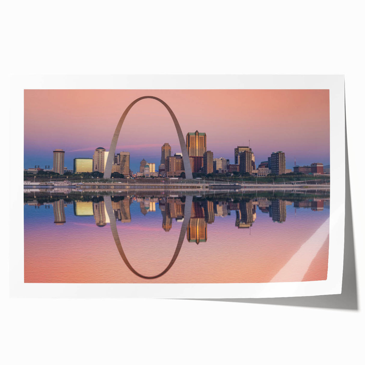 Extra large rolled print of St. Louis skyline in muted gray and blue tones, ideal for classy bathroom wall art.