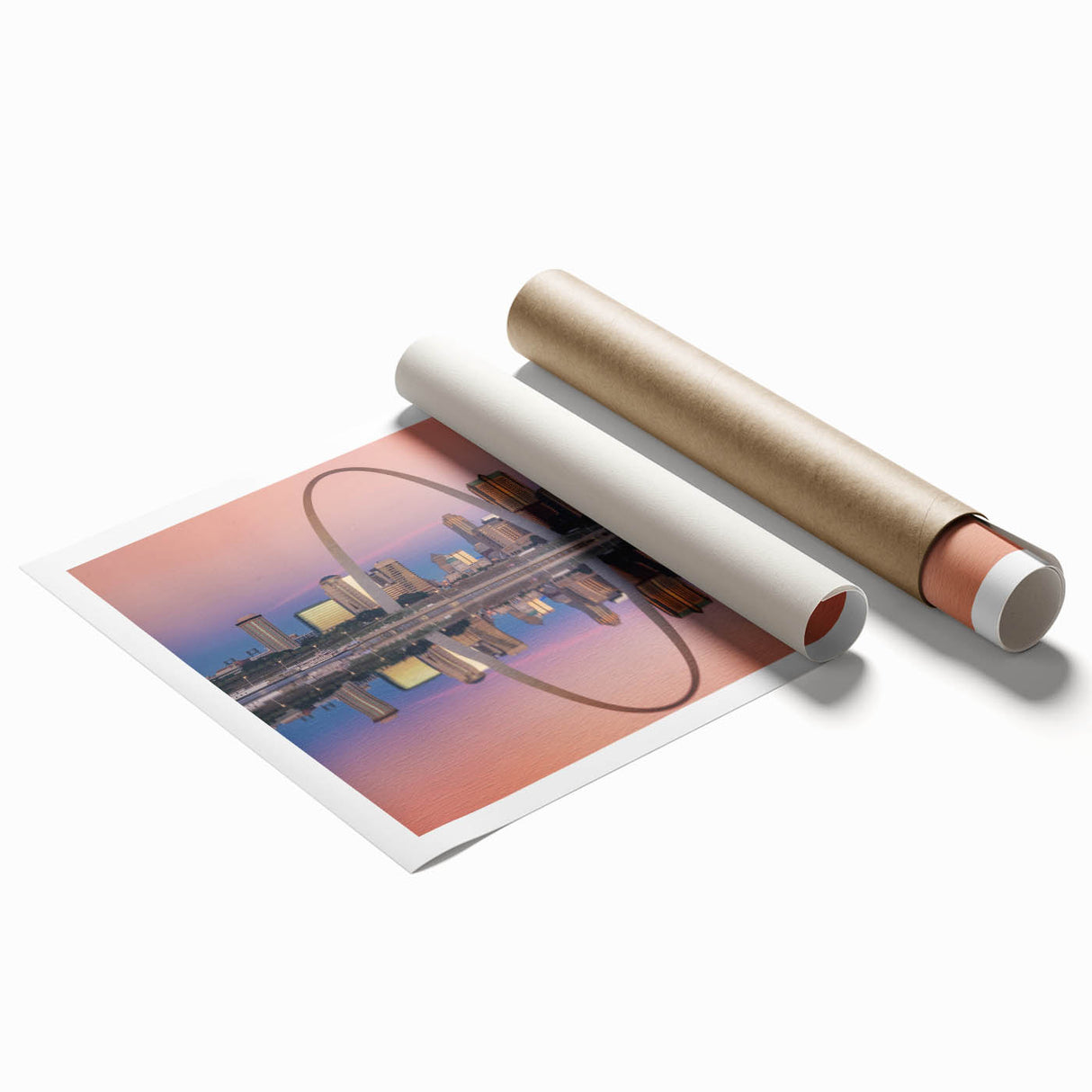 Rolled print featuring the St. Louis skyline in muted gray tones, ideal for art wall dining room.