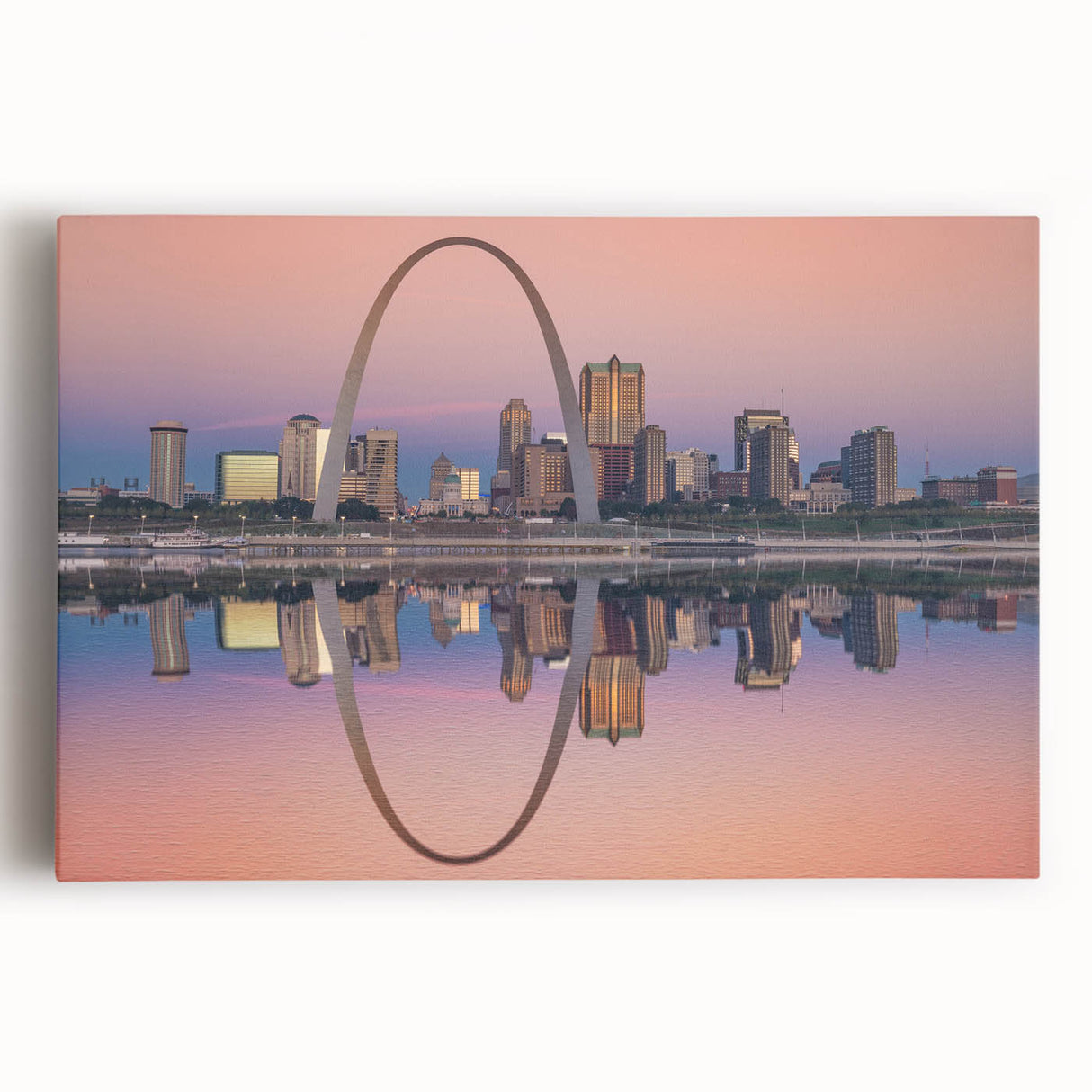 Black and white stretched canvas of St. Louis skyline, ideal for kitchen wall art.