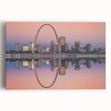 Black and white stretched canvas of St. Louis skyline, ideal for kitchen wall art.