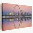 Stretched canvas depicting the St. Louis skyline in muted blue and gray tones, suitable for kitchen wall art.