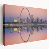 Stretched canvas depicting the St. Louis skyline in muted blue and gray tones, suitable for kitchen wall art.