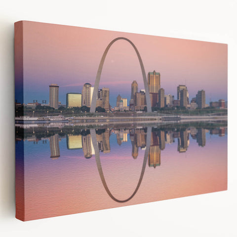 Stretched canvas depicting the St. Louis skyline in muted blue and gray tones, suitable for kitchen wall art.