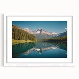 Abstract art print of Glacier National Park in muted blue and green tones, framed with a white mat.