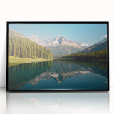 Large abstract wall art depicting Montana's Glacier National Park in muted earth tones, framed in black acrylic.