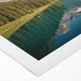 Art deco poster featuring a serene Montana glacier landscape in cool blue tones on a rolled canvas.