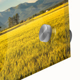 Large abstract wall art depicting a Montana landscape in muted earth tones on acrylic glass.