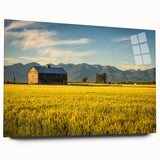 Large abstract wall art on acrylic glass, featuring a Montana landscape in muted earth tones.