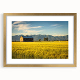 Extra large abstract art print depicting a textured Montana landscape in earthy tones, framed in gold.