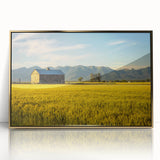 Framed acrylic print depicting a serene Montana landscape in earth tones, ideal for modern art wall decor.