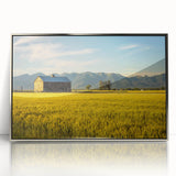 Mid-century modernist art of Montana scenery in muted earth tones, silver-framed acrylic, ideal for modern art wall decor.