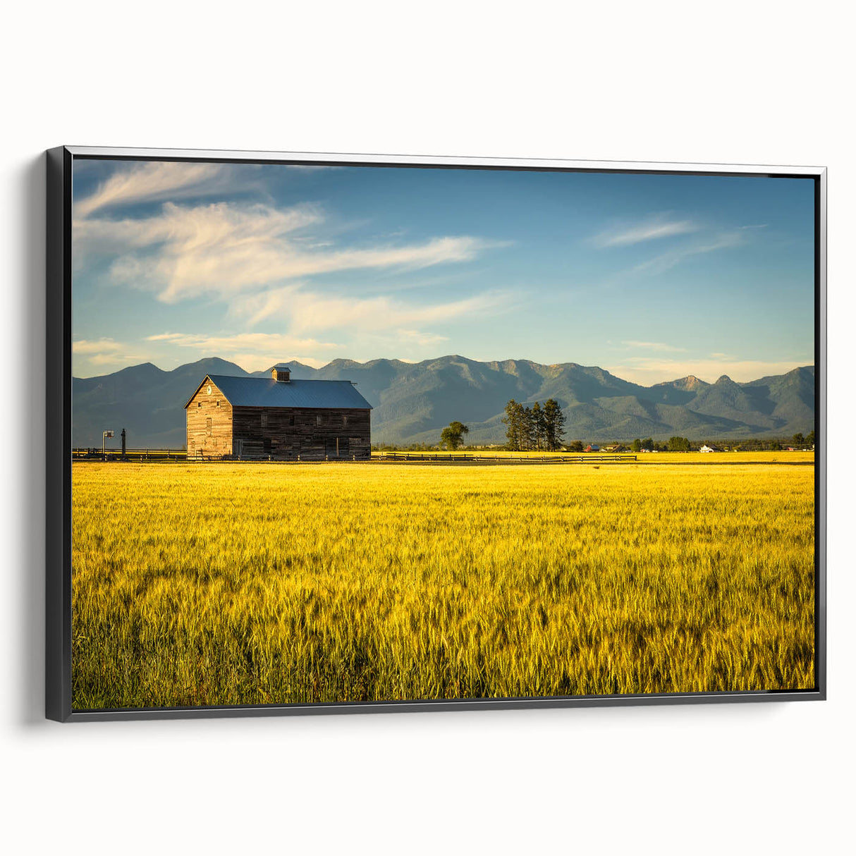 Black and white landscape art painting of Montana scenery on framed canvas, suitable for bedroom decor.