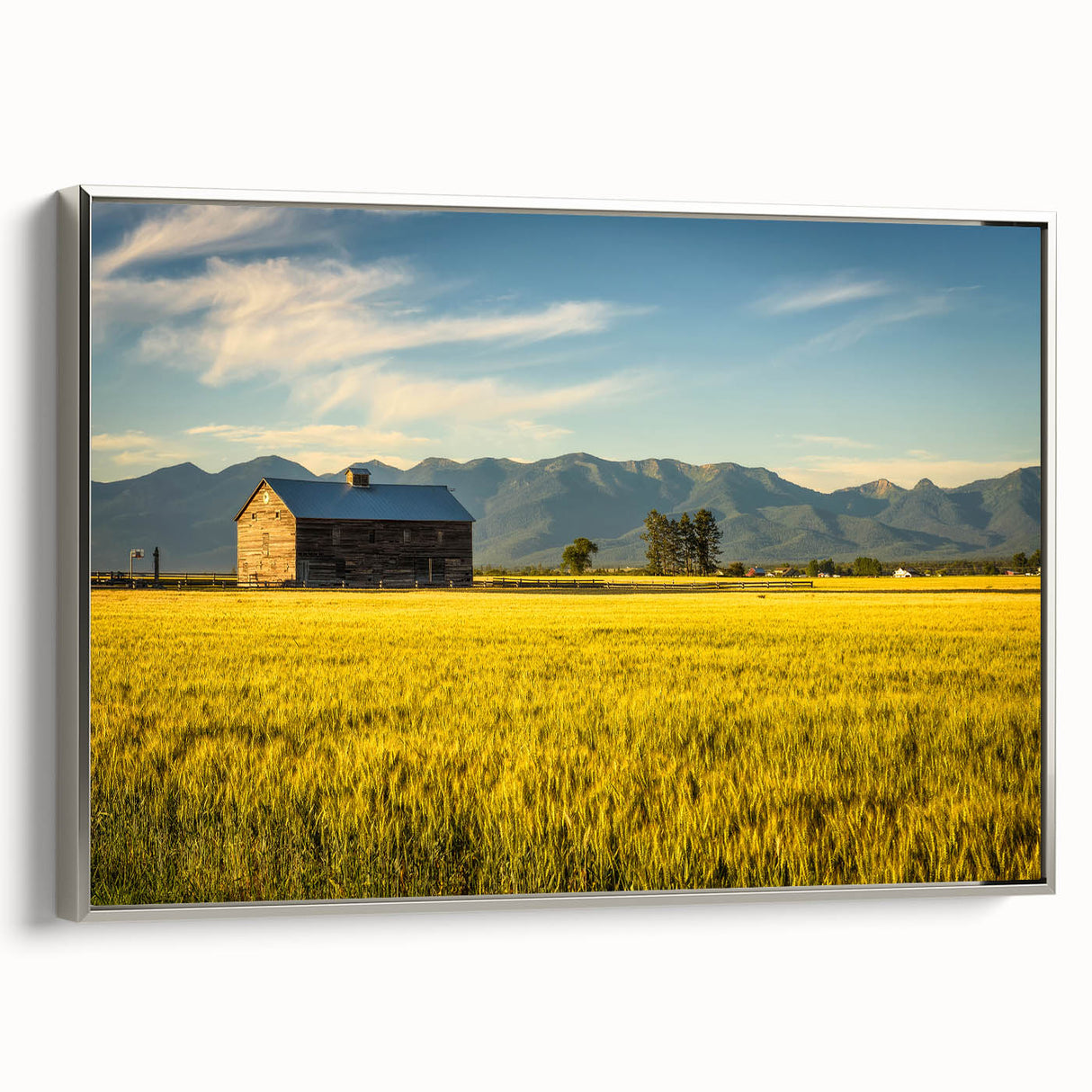 Framed canvas featuring a vintage-style landscape painting of Montana with colorful art elements on a black background.