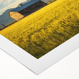 Art deco poster featuring a serene Montana landscape in muted green and blue tones, printed on rolled canvas.