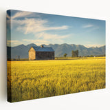 Large canvas print of a serene Montana landscape in muted green and blue tones, suitable for kitchen wall art.