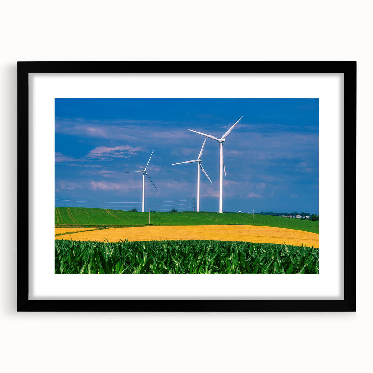 Extra large abstract art print depicting a textured, colorful Nebraska landscape, framed with a black mat.