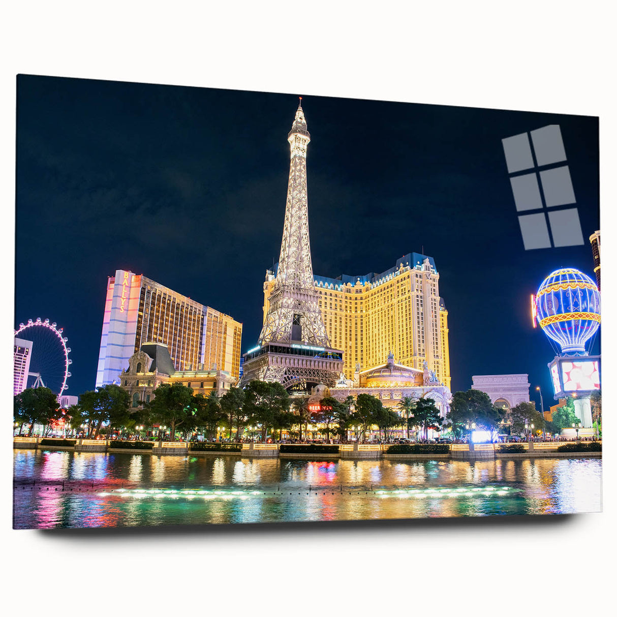Acrylic print of a large abstract depiction of Las Vegas in vibrant, neon colors, suitable for bedroom or dining room art.