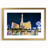 Extra large wall art of abstract Las Vegas scenery in textured gold frame, ideal for living room decor.