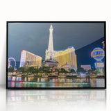 Large abstract wall art of Las Vegas skyline in muted black and gray tones on a framed acrylic.