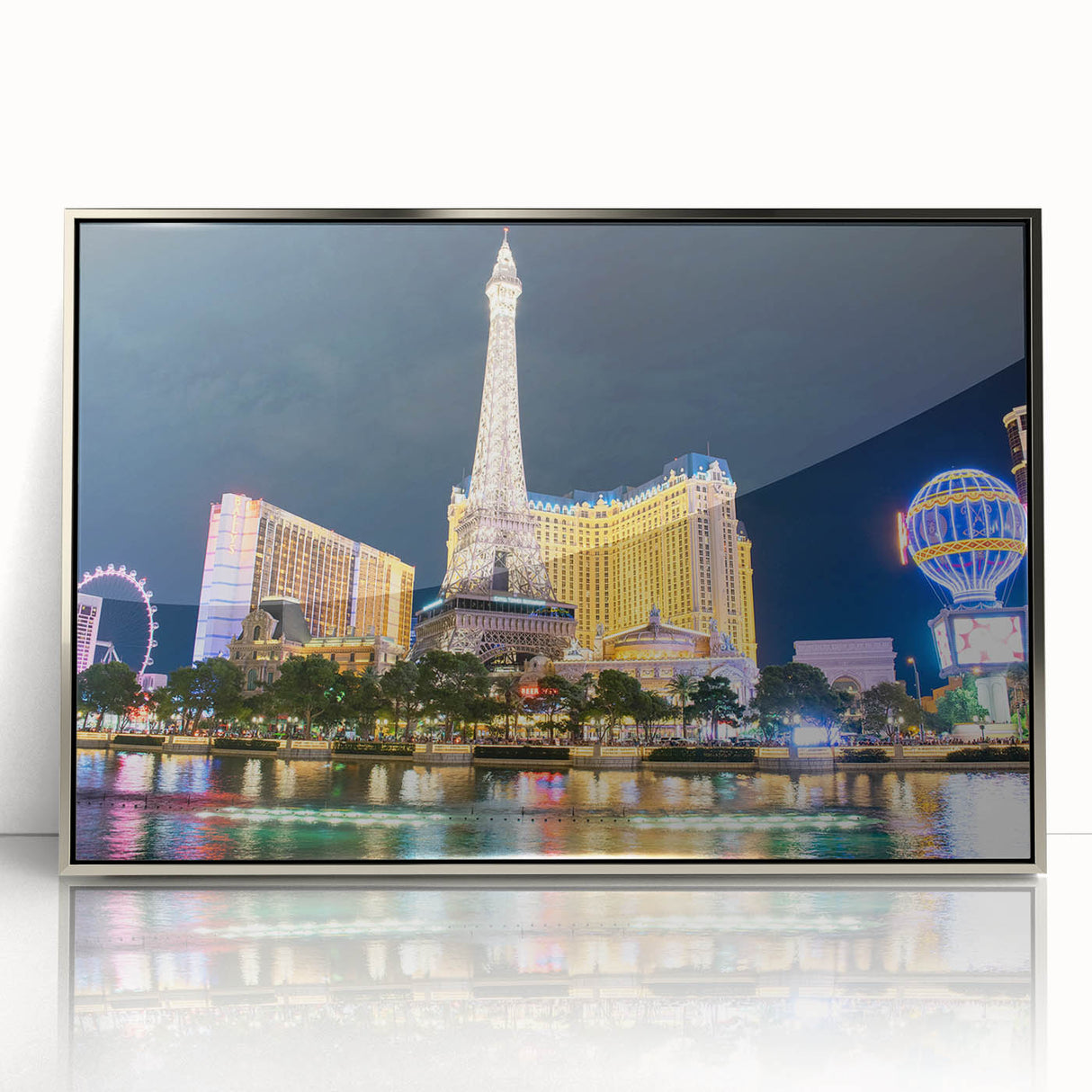 Mid-century modernist art of Las Vegas skyline in muted silver tones on framed acrylic, suitable for modern art wall decor.