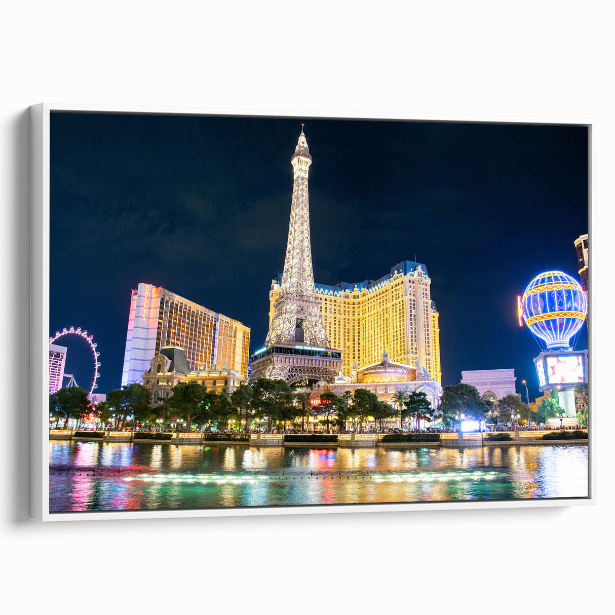 Vintage poster art of Las Vegas with colorful details on a large framed canvas, ideal for living room decor.