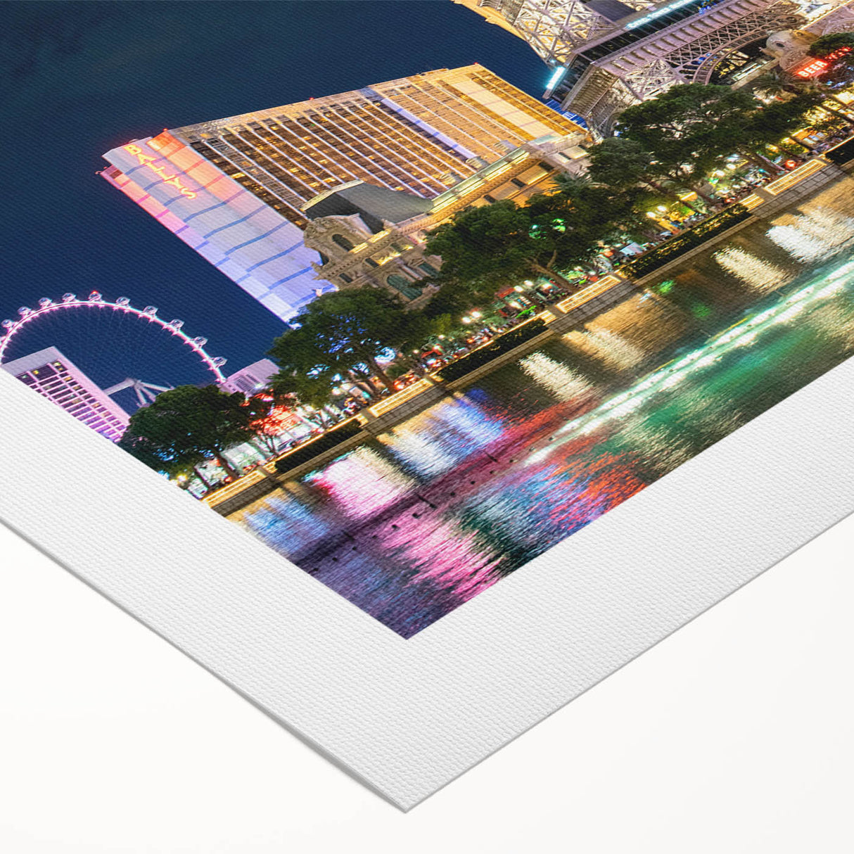 Art deco poster of Las Vegas skyline in muted gold and blue tones on rolled canvas, suitable for dining room decor.