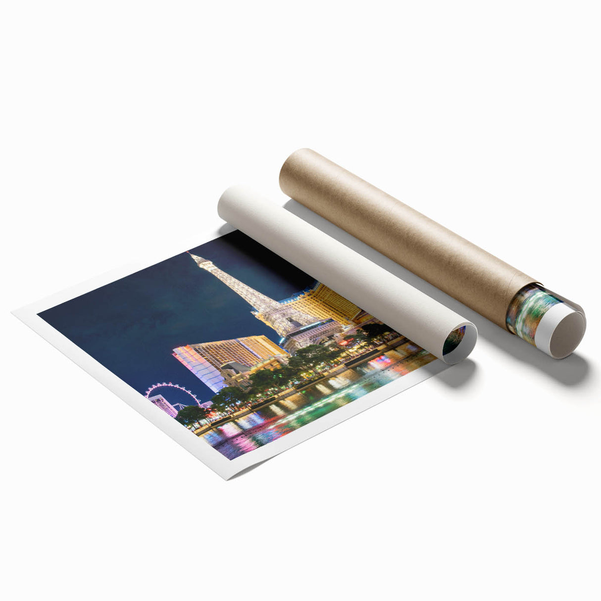 Extra large rolled print of Las Vegas scenery with vibrant floral elements, ideal for classy bathroom wall art.