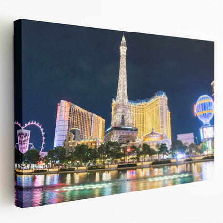 Las Vegas skyline depicted in vibrant neon colors on a large stretched canvas, ideal for kitchen wall art.