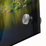 Large abstract wall art depicting a New Hampshire scenery in muted green and blue tones on acrylic glass.