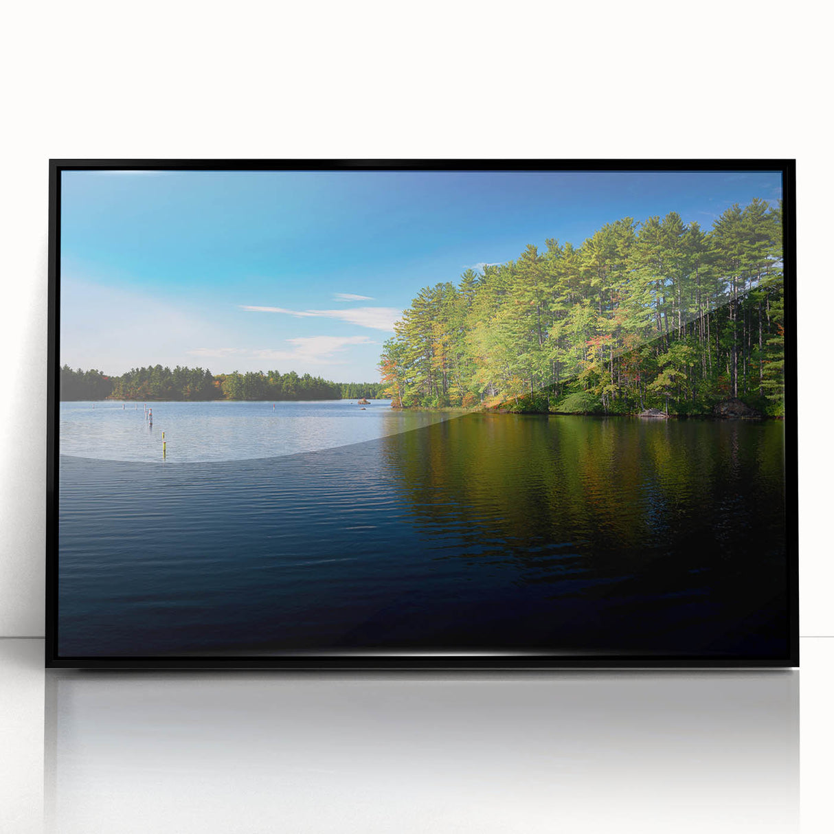 Large abstract wall art depicting a serene New Hampshire landscape in muted earth tones, framed in black acrylic.