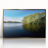 Acrylic print of New Hampshire scenery in mid-century modernist style with gold frame, suited for nursery wall art.