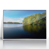 Acrylic print of a serene New Hampshire landscape in soft pastel colors, framed in white, suitable for modern nursery decor.