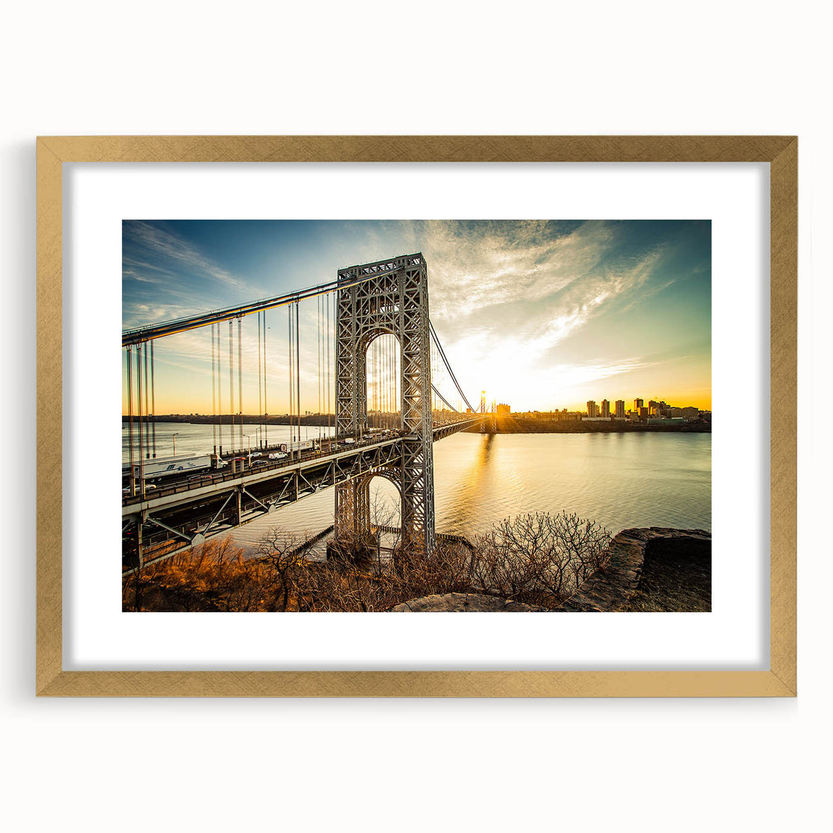 Extra large abstract art print of New Jersey scenery in gold frame, featuring textured blue and green tones.