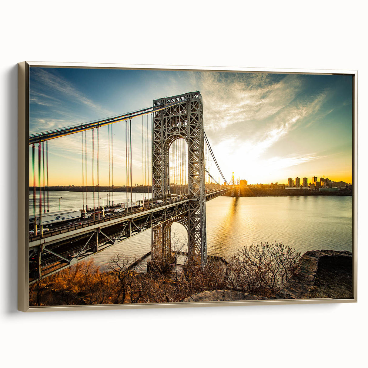 Framed canvas depicting a vintage-style New Jersey landscape in black and gold tones, ideal for bedroom wall art.