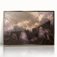 Large acrylic print of a New Mexico landscape in muted earth tones, framed in gold, suitable for modern art wall decor.