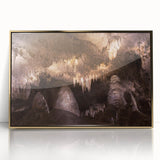 Large acrylic print of a New Mexico landscape in muted earth tones, framed in gold, suitable for modern art wall decor.