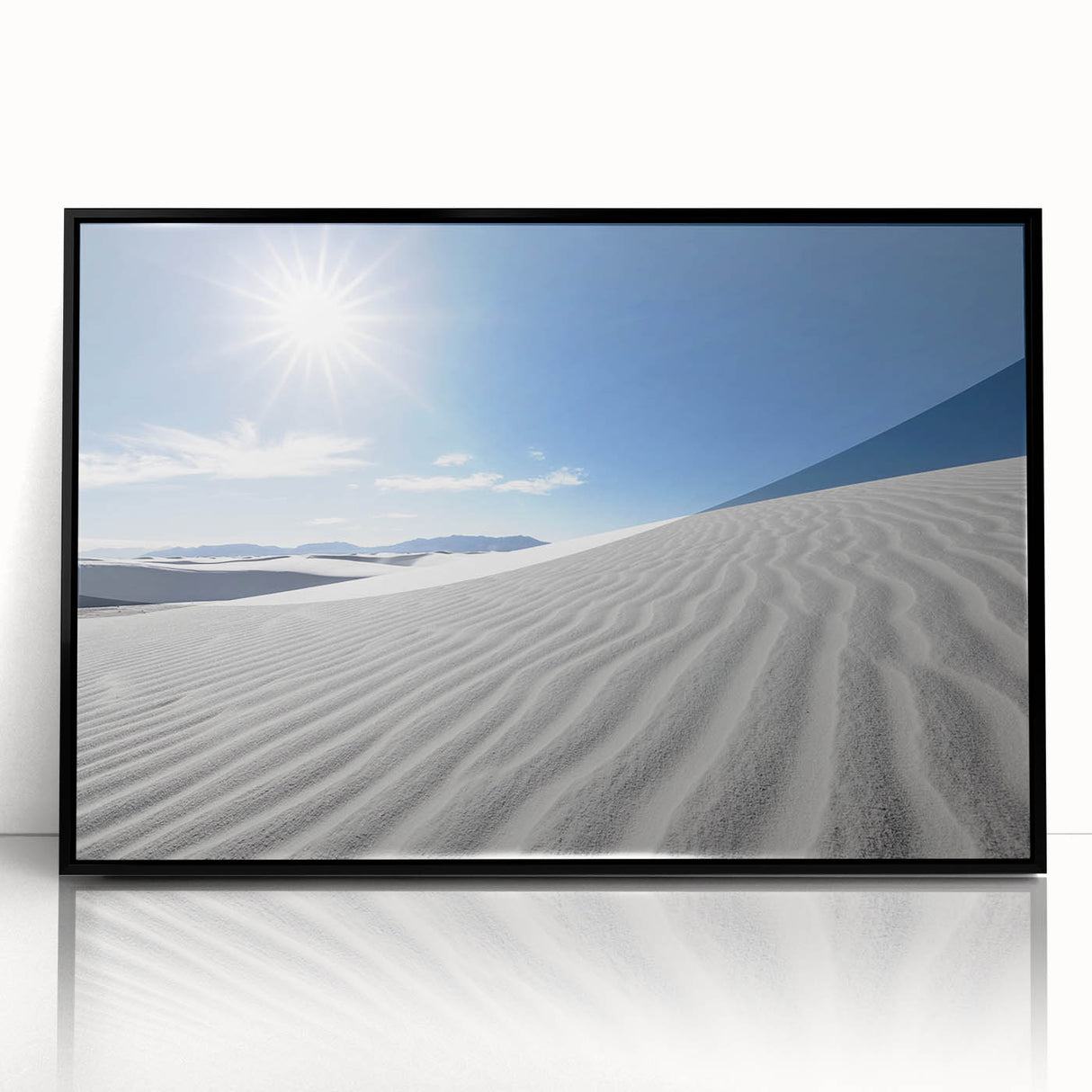 Large abstract wall art depicting the White Sands of New Mexico in muted gray tones, framed in black acrylic.