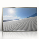Mid-century modernist art depicting the White Sands in New Mexico, in muted pastel colors on a framed acrylic print.