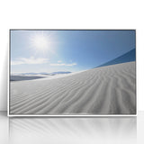 Acrylic print of White Sands, New Mexico, in muted beige tones, framed in white, ideal for modern art wall decor.