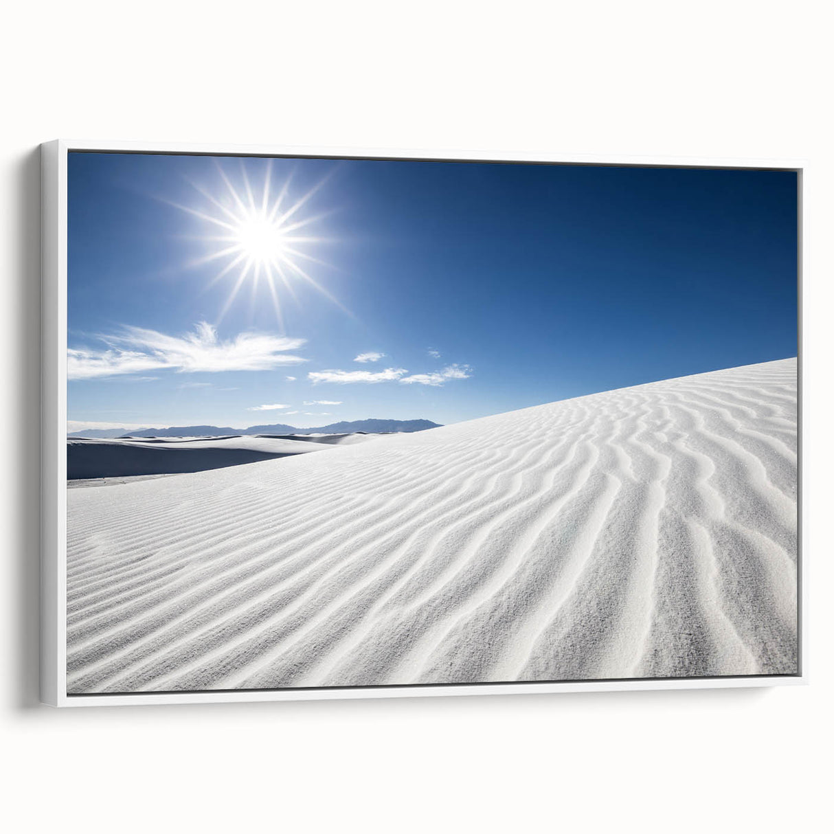 Framed canvas of vintage poster art featuring colorful scenery of White Sands, New Mexico, ideal for living room decor.