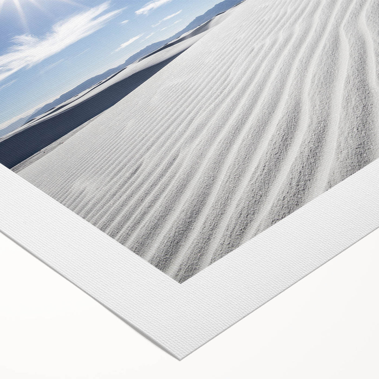 Art deco poster depicting the White Sands of New Mexico in soft beige and white tones, on rolled canvas.