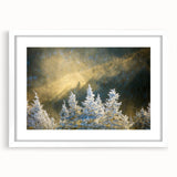 Abstract art print of Blue Ridge mountains in muted blue and green tones on a framed white mat, ideal for dining room decor.