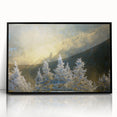 Large abstract wall art of the Blue Ridge in muted blue tones, framed in black acrylic.