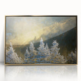 Large art print of Blue Ridge Mountains in muted earth tones on a gold-framed acrylic, ideal for modern art wall decor.