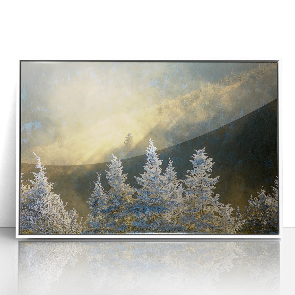 Acrylic print of Blue Ridge Mountains in muted blues and greens, framed in white, ideal for modern nursery wall art.
